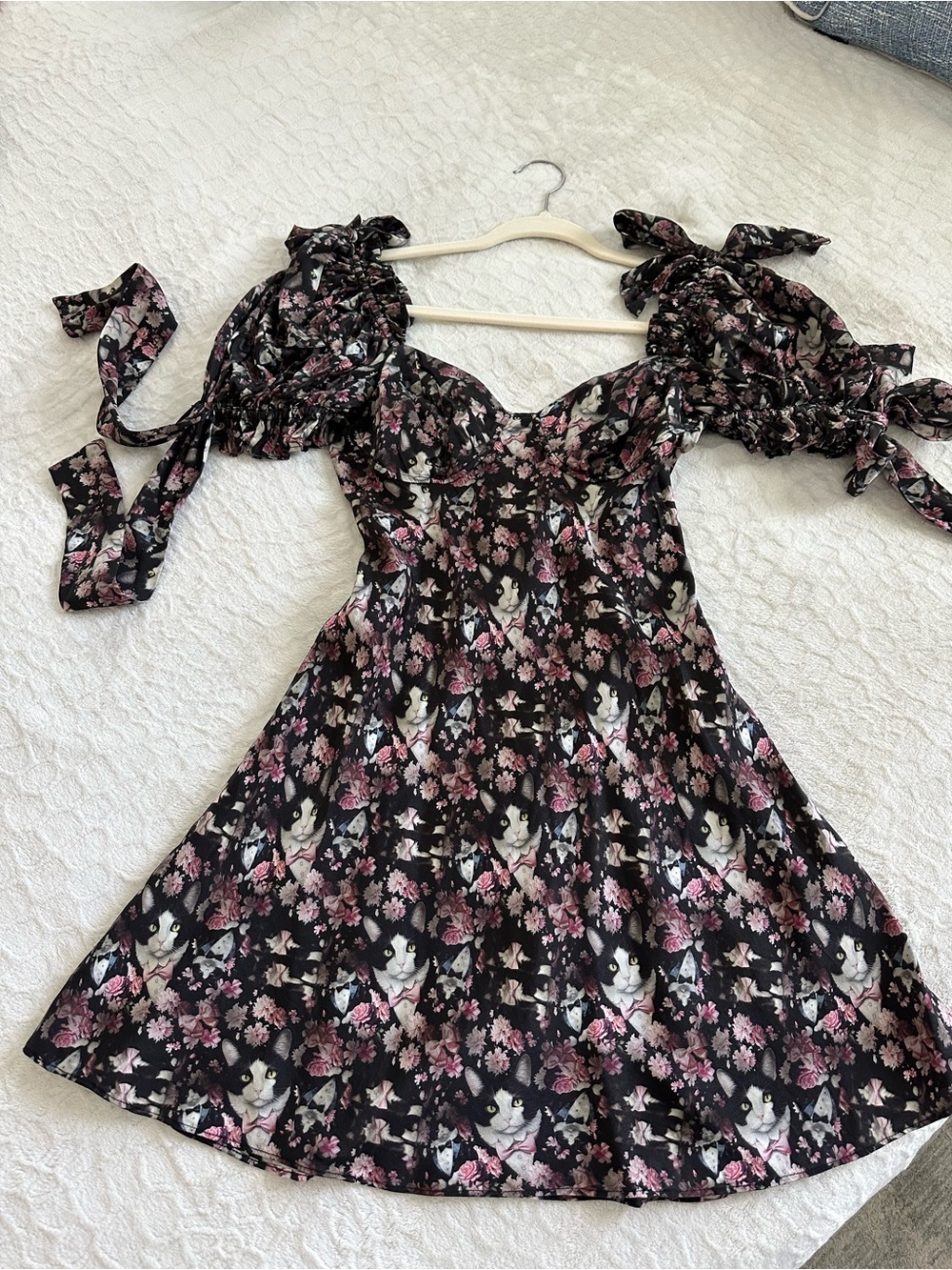 Selkie women’s black the tuxedo mini poet silk dress with cat and rose print